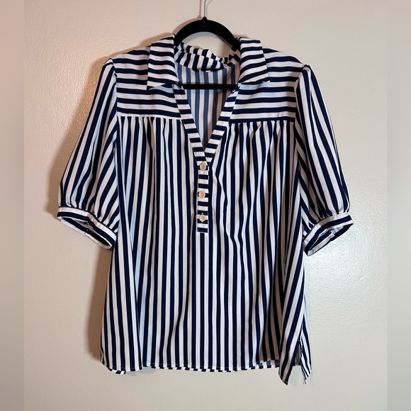 BloomChic Tops - Bloomchic Striped Notched Collar Lantern Sleeve Blouse Blue/White Size 18- 20 2X